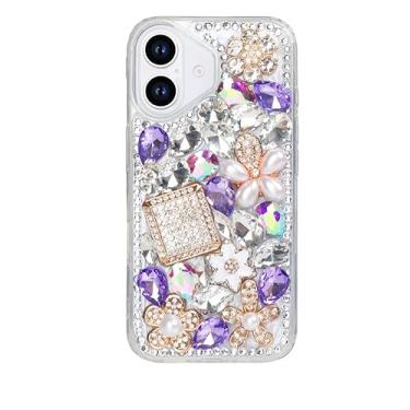Imagem de Losin Compatível com iPhone 16e Bling Case para mulheres meninas bonito luxo 3D glitter diamante cristal strass brilhante pedra preciosa frasco de perfume e capa de flor TPU macio, roxo