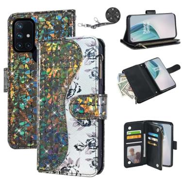 Imagem de Dibosom Capa carteira floral para OnePlus Nord N10 5G com alça de pulso alça de ombro flip zíper bolsa porta-cartões, capa de telefone com glitter para One Plus N 10 G5 1 Plus 10N 1plus One+ 1+ N105G