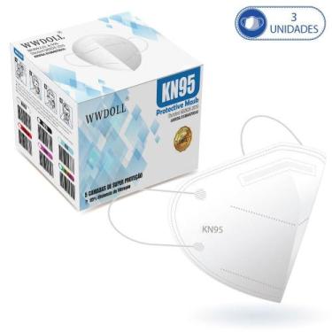 Imagem de 3 Máscaras KN95 Branca Descartáveis WWDoll Cinco Camadas 95% de Eficiê