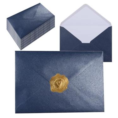 Imagem de UoeRing Envelopes autoselantes A7 azul marinho 50 peças - 5,31 x 7 polegadas (5,31 × 7,170 cm) papel premium com glitter pérola de 120 g - imprimível e gravável para convites de casamento, cartões