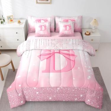 Imagem de Feelyou Conjunto de cama infantil casal com laço rosa, 7 peças, com inicial D personalizada em uma bolsa, conjunto de edredom de princesa com glitter, para meninos e meninas, alfabeto e adolescentes