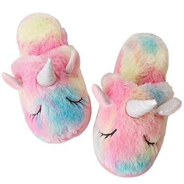 Imagem de Pantufas de unicórnio arco-íris/chinelos fofos femininos fofos e aconchegantes de pelúcia para uso interno e externo/melhores presentes de unicórnio, Rainbow, 1.5-3 Little Kid