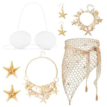 Imagem de 8 peças de acessórios femininos de sereia, saia de concha de crochê, joia de estrela-do-mar, brincos, colar, pulseira, grampos de cabelo, praia de verão, estilo havaiano, para cosplay, festa na praia