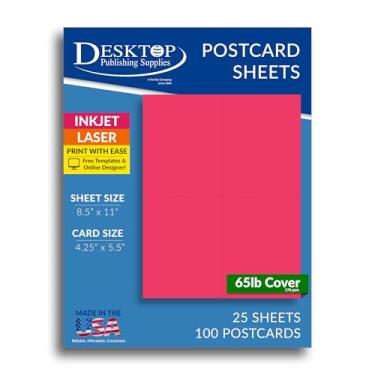 Imagem de Papel de cartão postal colorido de 4 folhas da Desktop Publishing Supplies – 25 folhas/100 cartões postais – Impresso com impressora a laser ou a jato de tinta – Tamanho aprovado por USPS – Cartolina simples fosca, Bright Pink, 8 1/2" x 11"