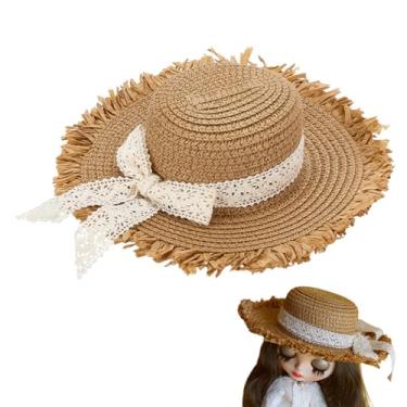 Imagem de FINGERINSPIRE Mini chapéus de palha para artesanato, 8,5 cm de diâmetro, cor burlywood, pequenos chapéus de palha com laço branco, pequeno caubói, decorações faça você mesmo, acessórios de tricô, boné