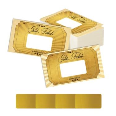 Imagem de PLIGREAT 240 peças de adesivos de cartões de raspar de bilhetes dourados, vales de presente em branco 9,4 cm x 5,3 cm, cartões de cupom DIY para pequenas empresas, férias, atividades de chá de panela