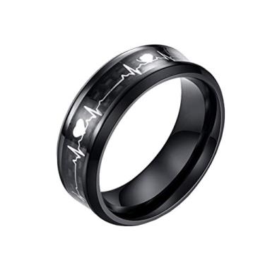 Imagem de OAKKY Anel de batimento cardíaco masculino feminino de aço inoxidável simples de fibra de carbono ECG, Metal