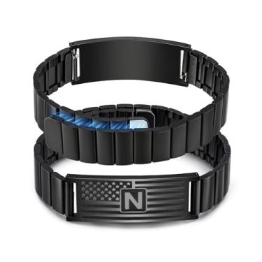 Imagem de FLHEART Pulseiras com iniciais masculinas, bandeira americana A-Z, letras maiúsculas, aço inoxidável, ajustável, joias presentes para homens, filho, neto, irmão, pai, marido, 6"-7.5", Aço inoxidável