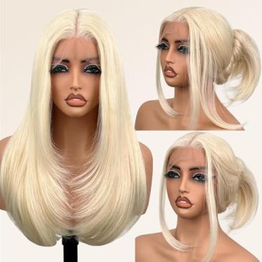 Imagem de Peruca frontal de renda sintética sem cola 66 cm de comprimento liso loiro para mulheres negras 13x5x1 HD renda amarrada à mão pré arrancada linha do cabelo (#613 loira, 66 polegadas)