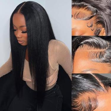 Imagem de Ladoux Peruca reta Yaki frontal 33 x 15 cm HD transparente Yaki liso fechamento frontal perucas de cabelo humano para mulheres 35,5 cm 180% densidade peruca sem cola pré-arrancada com cabelo de bebê