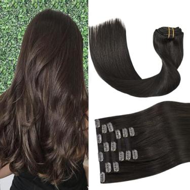 Imagem de Aison Extensões de cabelo castanho escuro com clipe de cabelo humano real 70 g Remy grampo de cabelo humano para mulheres 7 peças 16 clipes 45 cm