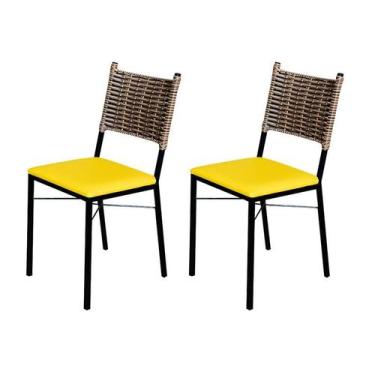 Imagem de Kit 2 Cadeiras Para Cozinha Preta Ratan Cappuccino Assento Estofado - 