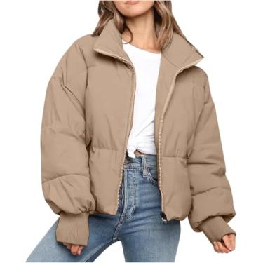 Imagem de Jaqueta Puffer Feminina Curta Preto Bege Inverno Quente Acolchoado Jaqueta De Inverno Grossa Jaqueta De Inverno Transição Quente Jaquetas Femininas Ao Ar Livre Manga L, khaki, S