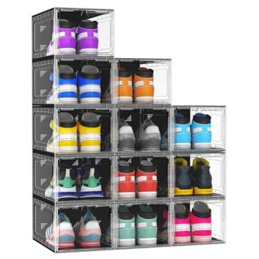 Imagem de Kjfeoiye Pacote com 10 organizadores de armazenamento de sapatos rígidos rígidos e espessos XX grandes para armário, caixas de sapatos empilháveis transparentes e empilháveis, recipientes para