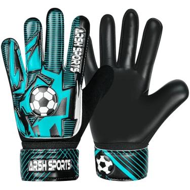 Imagem de Arsh Sports Luvas de goleiro de futebol para crianças, luvas de goleiro para jovens, meninos, meninas, palma de látex de 4 mm, antiderrapante, proteção de pulso dupla super Gip (preto ciano, tamanho 7