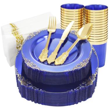 Imagem de Conjunto de pratos de plástico Nervure Clear Blue com ouro 175 unidade