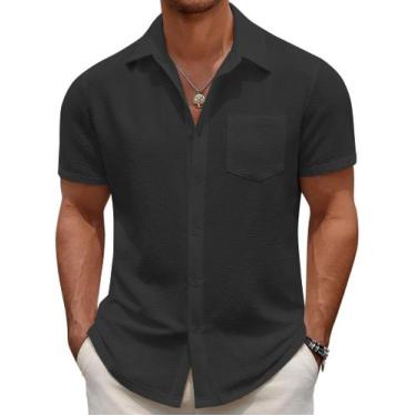 Imagem de Camisa masculina casual com botões COOFANDY, manga curta, preta