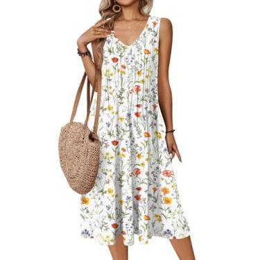 Imagem de Vestido midi Zeagoo casual regata com bolsos, sem mangas, branco M