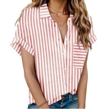 Imagem de Camisa feminina HOTOUCH listrada de manga curta, algodão e linho