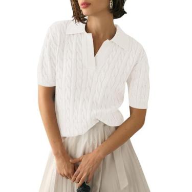 Imagem de Suéter feminino Micoson, manga curta, lapela, decote em V, polo branco