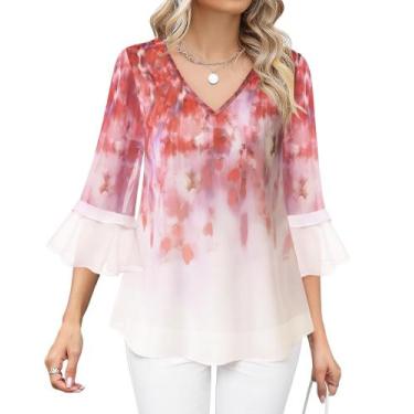 Imagem de Blusa feminina Bebonnie, chiffon floral, decote em V, mangas com babad