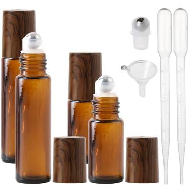 Imagem de SESENSE Frascos de rolo de óleo essencial, 4 frascos de vidro para perfume (10 ml e 5 ml) com abridor de funil e conta-gotas, ferramentas de beleza e cuidados pessoais (âmbar, 4 pacotes)