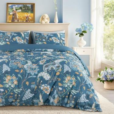 Imagem de Shilucheng Capa de edredom 100% algodão floral tamanho Queen - 600 fios, capa de edredom respirável e refrescante com fecho de zíper, capas de edredom para cama de hotel 3 peças (azul marinho)