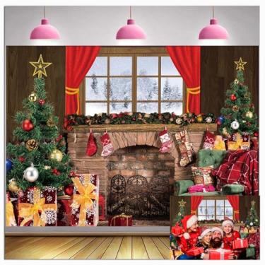 Imagem de Natal lareira inverno janela fotografia pano de fundo imagem família meias árvores queimando lenha foto fundo feriado natal ano novo suprimentos faixa 2,1 x 1,5 m