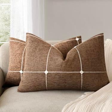 Imagem de Foindtower Pacote com 2 fronhas decorativas de linho falso jacquard xadrez capa de almofada lombar com grade texturizada para sofá, sala de estar, decoração de casa, 30 × 50 cm, laranja marrom