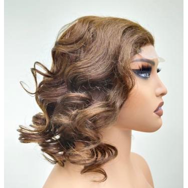 Imagem de Perucas Curtas Afro Curly Bob para Mulheres Negras Peruca Curva Grande Macia Bouncy Fofo 100% Cabelo Humano Virgem Brasileiro 4x4 Fecho de Renda Transparente Peruca de Cabelo Ondulado Grande, Cor