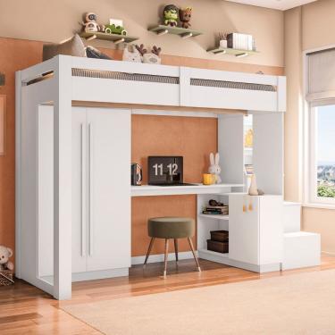 Imagem de Cama Alta Office Infantil Juvenil com Roupeiro e Escrivaninha Moon Yescasa Branco