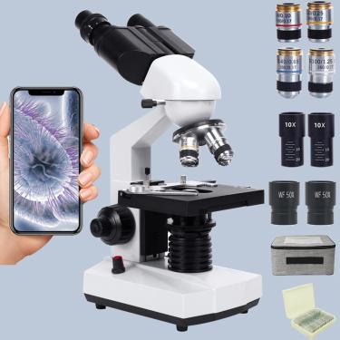 Imagem de Microscópio binocular profissional HD 30000X com bolsa de armazenamento+lente objetiva 185+conversor de 4 furos, fonte de luz LED ajustável, lâminas, lamelas, suportes para celular