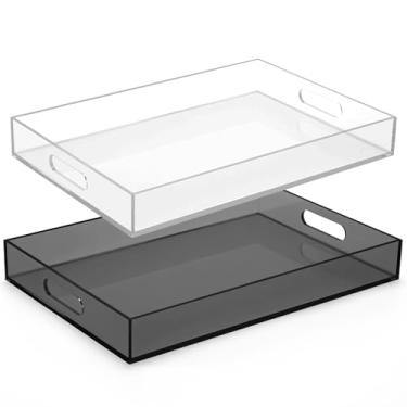 Imagem de Tiangrid Conjunto de 2 bandejas grandes de acrílico 40,6 x 30,5 cm, bandeja de mesa de centro otomana neon com alças, prato decorativo maximalista para comida, chá, jantar, lanche, bar e festa (cor