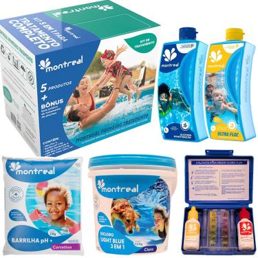 Imagem de Tratamento Completo para Piscinas Kit 5 em 1 Montreal com Light Blue, Medidor pH, Barrilha pH+, Ultra Floc e Algicida Manutenção