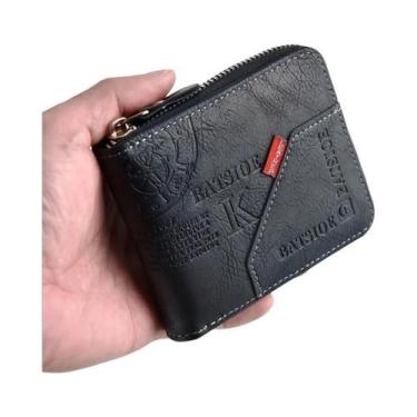 Imagem de Carteira Masculina de Couro PU com Zíper - Porta-Moedas e Cartões, Pre