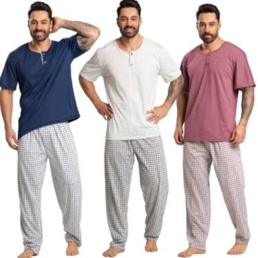Imagem de KIT 3 Pijama Masculino Com Bolso Vekyo Manga Curta Calça Longa Estampa