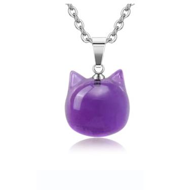 Imagem de Jovivi Colar de presente para gatos, ametista natural, quartzo rosa, pedras de cristal curativo, colares com pingente para mulheres e homens, pedras preciosas, mini animais fofos para gatos, Cristal