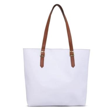 Imagem de Bolsa Sacola Grande de Ombro Feminina, Couro Sintético, Preta, Branca, Marrom, 40x34x10cm, Alça Dupla com Fivelas (Branco)