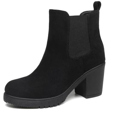 Imagem de TYNDALL Botas femininas de cano curto, plataforma e Chelsea, botas de outono com salto baixo, botas elegantes e botas de salto grosso para mulheres, Preto/Camurça, 41