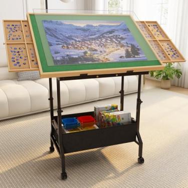 Imagem de upvercy Mesa de quebra-cabeça grande com 2 gavetas para quebra-cabeças de 300 a 1500 peças - Mesa de quebra-cabeça com altura e ângulo ajustáveis, placa de quebra-cabeça com feltro, capa, gaveta de