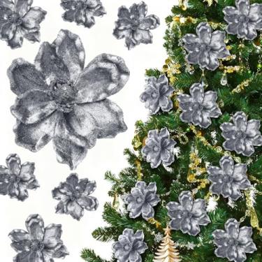 Imagem de Yuxung 20 peças de enfeites de flores de magnólia de poinsétia com purpurina, cabeças grandes, flores artificiais de magnólia para árvore de Natal, guirlanda de Natal, decoração de casamento (cinza)