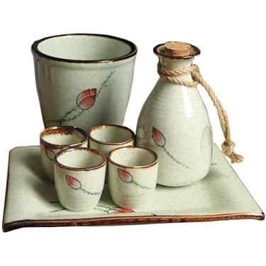 Imagem de TLTDSMY Conjunto de copos de saquê conjunto de saquê japonês conjunto de saquê de cerâmica conjunto de saquê japonês 4 xícaras de saquê, 1 pote de saquê, 1 pote de vinho quente e 1 bandeja