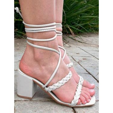 Imagem de Sandalia Salto Alto Bloco de Amarrar BRADHA.Tiras Trança, Branco, BR40