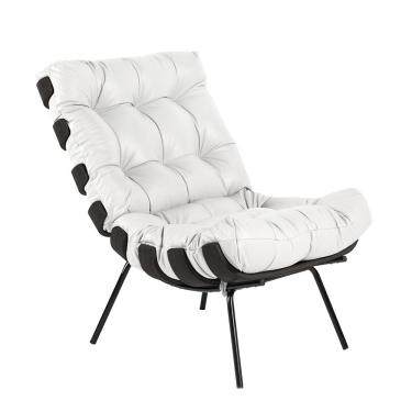 Imagem de Poltrona Decorativa Sala de Estar Costela Base Preta Couro Branco - Gran Belo