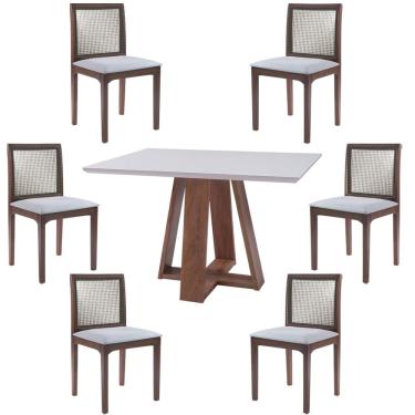 Imagem de Conjunto Mesa Shell com Tampo de Vidro 160x90 cm e 6 Cadeiras Steve Amêndoa - Gran Belo
