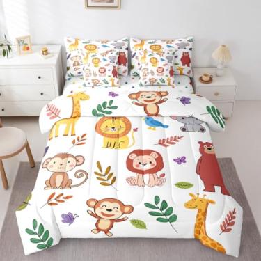 Imagem de Erosebridal Jogo de cama solteiro safari, animais selvagens, macaco, leão, girafa, tigre, elefante, folhas, crianças, meninos, meninas, laranja, amarelo e branco