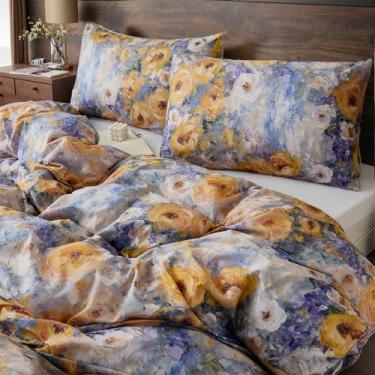 Imagem de Cozaline Capa de edredom 100% algodão king size – Conjunto de capa de edredom floral natural impressionista amarelo e azul com fecho de zíper, conjunto de cama de algodão percal macio respirável