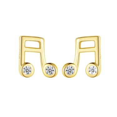 Imagem de Efashion Brincos de prata esterlina 925 banhados a ouro 14 K adoráveis notas musicais com zircão, Small, Ouro amarelo, Zircônia cúbica