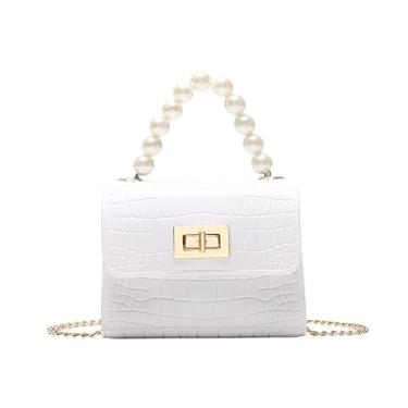 Imagem de Bolsa com estampa de crocodilo – material de PVC gelatinosa, com detalhes em pérola, mini bolsa portátil e transversal, Branco