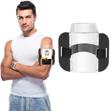 Imagem de Suporte de crachá de braçadeira com faixa de braço elástica ajustável preta e fecho de gancho - Exibição de plástico seguro e transparente do cartão de trabalho, passe de esqui, bilhete de elevação